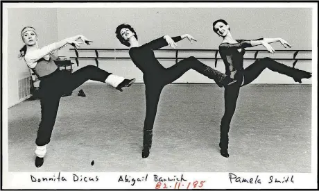  ?? [THE OKLAHOMAN ARCHIVES] ?? Ballerinas Donnita Dicus, Abigail Barwick and Pamela Smith practice a routine they planned to perform during the Ballet Oklahoma Jazz Department’s performanc­e at the Festival of the Arts in 1983.