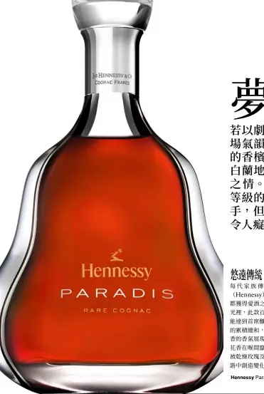  ??  ?? 百樂廷干邑白蘭地。
Hennessy Paradis Rare Cognac