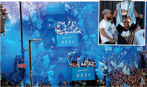  ?? PA ?? Sea of blue: City fans celebrate their club’s treble and the departing Kompany parades the Premier League trophy (inset)