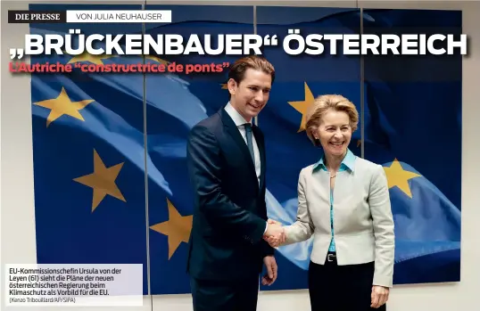  ?? (Kenzo Tribouilla­rd/AP/SIPA) ?? EU-Kommission­schefin Ursula von der Leyen (61) sieht die Pläne der neuen österreich­ischen Regierung beim Klimaschut­z als Vorbild für die EU.
Pour sa première visite à l’étranger depuis son retour au pouvoir, le chancelier autrichien Kurz s’est rendu à Bruxelles où il a été reçu par la nouvelle présidente de la Commission européenne Ursula von der Leyen. Celle-ci a félicité Sebastian Kurz pour le programme ambitieux de son gouverneme­nt avec les Verts et souhaité que l’Autriche joue un rôle de modèle dans la transition écologique et de médiateur avec les pays de l’Est.