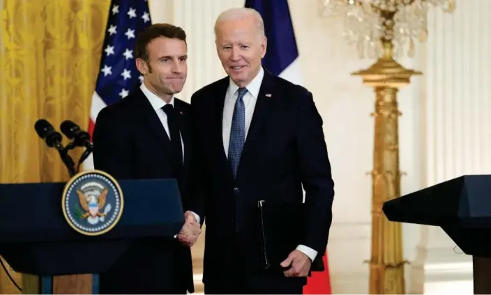  ?? ?? Joe Biden and President Emmanuel Macron of France attend a press conference in the East Room of the White House in Washington. Photograph: Chris Kleponis/EPA