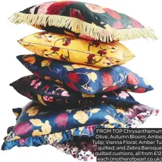  ??  ?? FROM TOP Chrysanthe­mum Olive; Autumn Bloom; Amber Tulip; Vienna Floral; Amber Tulip quilted; and Zebra Baroque quilted cushions, all from £125 each (motherofpe­arl.co.uk)