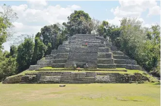  ?? GREG OLSEN ?? Lamanai’s jaguar temple was built in the 6th century AD and modified several times up to at least the 15th century. The stone patterning on the lowestleve­l turns depicts two jaguar faces that date to the original 6th-century constructi­on.