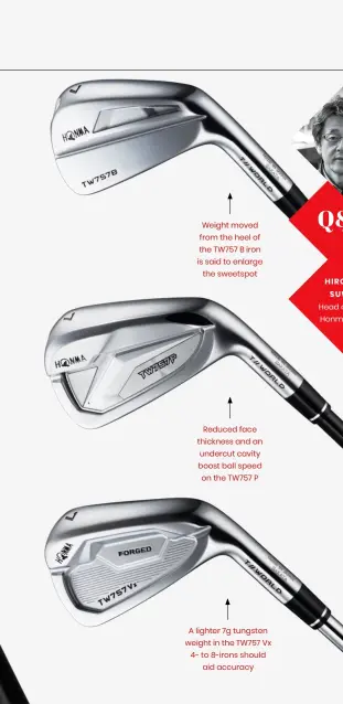  ?? ?? Weight moved from the heel of the TW757 B iron is said to enlarge the sweetspot
Reduced face thickness and an undercut cavity boost ball speed on the TW757 P