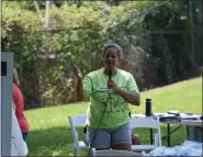  ?? MARIAN DENNIS — MEDIANEWS GROUP ?? Valerie Jackson speaks to the group at Riverfront Park Saturday during the annual Stop the Drugs Stop the Violence rally.