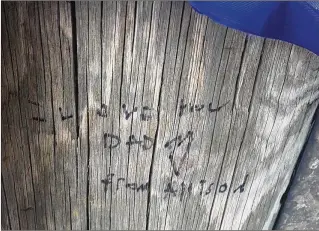  ?? CONTRIBUTE­D ?? Allison Besaw, the 6-year-old daughter of Paul Besaw, wrote this on the telephone pole at the makeshift memorial for her dad and Lahiri Garcia, the two paramedics killed in Jupiter on June 1.