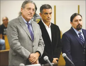  ?? Erik Trautmann / Hearst Connecticu­t Media ?? Fotis Dulos, center, appears with his attorney Norm Pattis, left, for arraignmen­t on a new charge of tampering with evidence Thursday in state Superior Court in Norwalk.