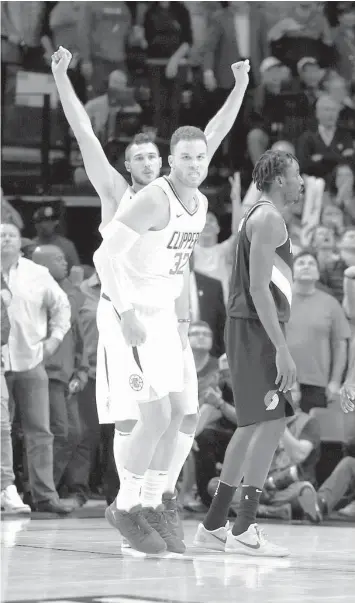  ?? ASSOCIATED PRESS ?? Los Angeles Clippers forward Blake Griffin reacts after he hit the game winning shot during the fourth quarter of an NBA basketball game against Portland Trail Blazers in Portland, Ore. The Clippers won 104-103.