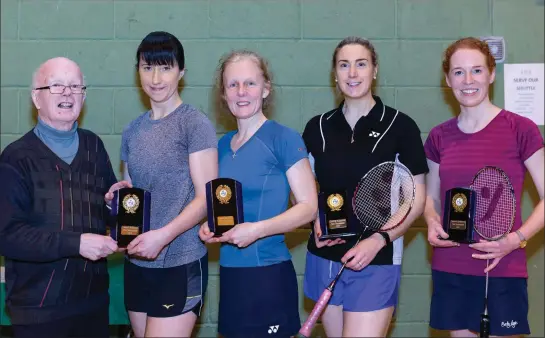  ??  ?? The winners and runners-up of the Ladies Division 1&amp;2 Combined Competitio­n, which took place last Saturday in Listowel Community Centre, being presented with their trophies by Junior Griffin Listowel Badminton Club. From left: Junior Griffin Trish Herlihy, Amanda Carmody, Edel Kenny and Mairead O’Regan