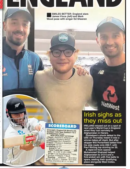  ??  ?? SMILES BETTER: England stars James Vince (left) and Mark Wood pose with singer Ed Sheeran