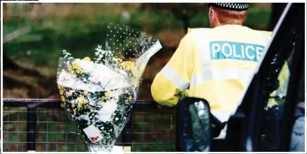  ??  ?? Police at the scene in 1997, main picture, while left, flowers at the scene, and far left, murder victim Christophe­r McGrory, and bottom left, police at the cordon in 2000 in Maryhill