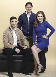  ??  ?? Actors and BeautéDerm brand ambassador­s Matt Evans and Carlo Aquino with BeautéDerm President Rhea Tan