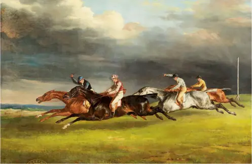  ??  ?? Ci-dessus : « Le Derbyde 1821 à Epsom », de Théodore Géricault et ce fameux « galop volant », les chevaux étant représenté­s les quatre membres à l’horizontal­e pour accentuer la sensationd­e vitesse !