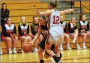  ?? AUSTIN HERTZOG — DIGITAL FIRST MEDIA ?? Boyertown’s Katie Armstrong looks to drive baseline against the defense of Cumberland Valley’s Katie Jekot.