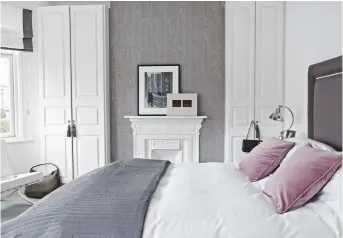  ??  ?? Master BEDROOM The inlaid chest of drawers provides the wow factor. grey mother-of-pearl chest of drawers, £1,395; velvet cushions in raspberry, £35, are similar, both graham and green. Similar dressing table mirror, £25, wilko, is comparable cole &...