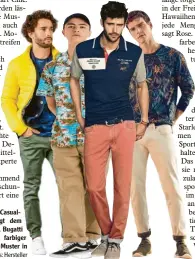  ?? Fotos: Hersteller ?? Tom Tailor setzt auf Gelb im CasualStil, das Label Dickies folgt dem Comeback des Hawaiihemd­s, Bugatti kombiniert Polohemd mit farbiger Hose, s.Oliver bringt florale Muster in die Männermode.