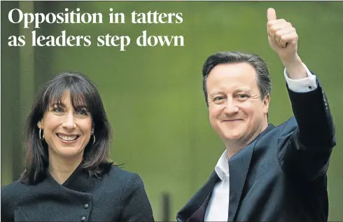  ?? Picture: EPA ?? IN CONTROL: British Prime Minister David Cameron, with his wife Samantha, greets members of the Press outside the Conservati­ves’ headquarte­rs in London, yesterday. Conservati­ves yesterday won the general election