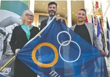  ?? ED KAISER ?? From left, World Triathlon Edmonton president Sheila O’kelly, Mayor Don Iveson and triathlete Tyler Mislawchuk announced in January that Edmonton would welcome the world to the triathlon World Series Grand Final and world championsh­ip in August. The event is now expected to be postponed over COVID-19 fears, Terry Jones writes.