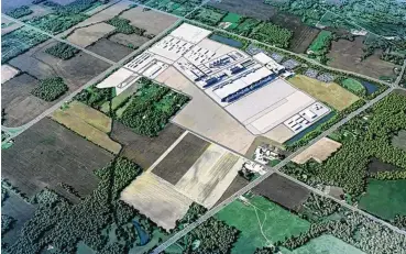  ?? INTEL ?? A rendering shows plans for two leading-edge Intel processor factories in Licking County. Announced in January 2022, the $20 billion project spans nearly 1,000 acres and is the largest single private-sector investment ever in Ohio.