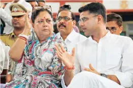  ?? — PTI ?? Rajasthan chief minister Vasundhara Raje and Rajasthan Congress president Sachin Pilot Raje during an all- party condolence meeting organised for former Prime Minister Atal Behari Vajpayee in Jaipur.