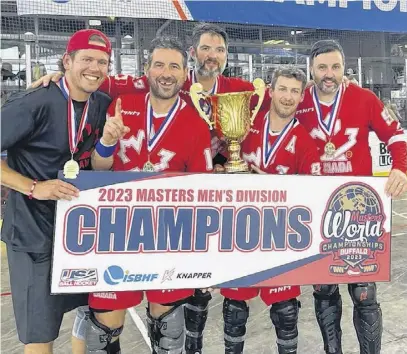  ?? CONTRIBUTE­D ?? Bishop was one of five Newfoundla­nders to win gold as part of Team Canada’s masters ball hockey team. They are, from left, Mike Dyke, Terry Ryan, Chris Sparkes, Jeremy Bishop and Ryan Delaney.