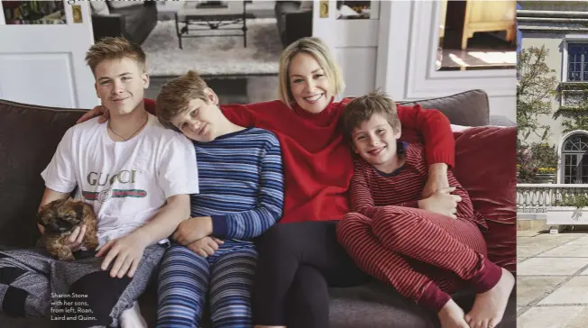  ??  ?? Sharon Stone with her sons, from left, Roan, Laird and Quinn.