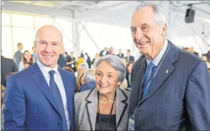  ?? THE CANADIAN PRESS/PAUL CHIASSON ?? Laurent Beaudoin, right, chairman emeritus of Bombardier Inc., and his wife Claire pause for a photo with company president and CEO Alain Bellemare prior to the company’s annual meeting Thursday in Montreal.