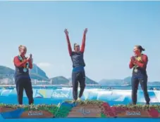  ?? Buda Mendes, Getty Images ?? From left: Silver medalist Hailey Danisewicz, gold medalist Allysa Seely and bronze medalist Melissa Stockwell celebrate on the podium at the Rio 2016 Paralympic Games on Sept. 11, 2016, in Rio de Janeiro.