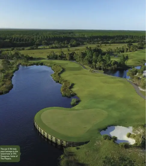  ??  ?? The par-3 7th hole pays homage to the island hole at TPC Sawgrass, home of The Players.