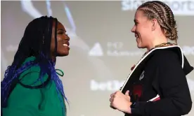  ?? Photograph: Mark Robinson/Top Rank Inc/Getty Images ?? Claressa Shields (left) and Savannah Marshall face off during the press conference before their fight for the undisputed middleweig­ht championsh­ip