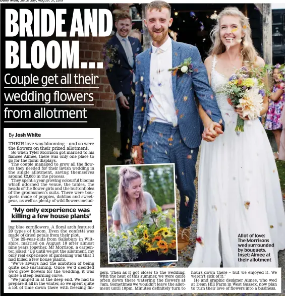  ??  ?? Allot of love: The Morrisons wed surrounded by bouquets. Inset: Aimee at their allotment