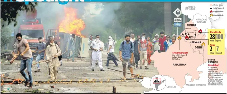  ?? AFP ?? Supporters of Dera Sacha Sauda chief Gurmeet Ram Rahim pelting security forces with stones in Panchkula on Friday.