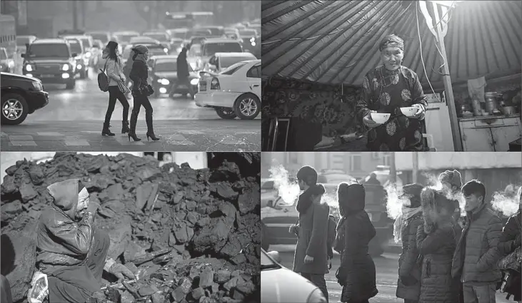  ??  ?? (Clockwise from top left) Two women crossing a street in Ulan Bator. • Resident Norjmaa holding cups of milk tea inside her ger or yurt. • The breath of pedestrian­s condensing while crossing a street on a cold day in Ulan Bator. • Breaking up jet black...