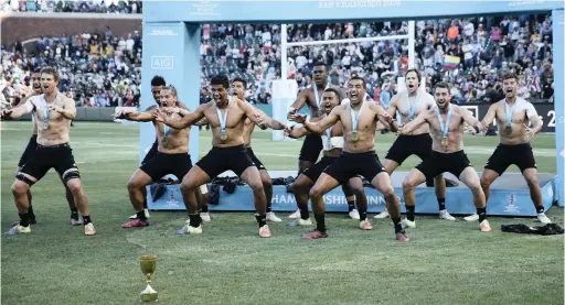  ??  ?? CELEBRATIN­G IN STYLE: New Zealand perform a haka after winning the Rugby World Cup Sevens final on Sunday.