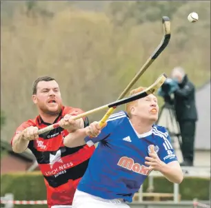  ?? Photograph: Donald Cameron. ?? Glenurquha­rt’s Arran MacDonald and Innes MacDonald from Kyles fight for the ball during last Saturday’s Marine Harvest Premiershi­p match.