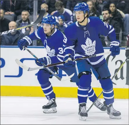  ?? ERNEST DOROSZUK/ POSTMEDIA NEWS ?? Maple Leafs forward William Nylander (right) and Auston Matthews were slated to play together again this season until Nylander took a hard line on contract negotiatio­ns and chose to sit out.