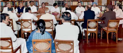  ?? PTI ?? Former prime minister Manmohan Singh, Congress president Sonia Gandhi, party vice-president Rahul Gandhi and other leaders during the Congress Working Committee meeting at 10 Janpath in New Delhi on Tuesday. —
