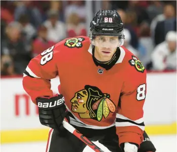  ?? ARMANDO L. SANCHEZ/CHICAGO TRIBUNE ?? Chicago Blackhawks right wing Patrick Kane (88) stands on the ice during the first period of a 2019 preseason game against the Washington Capitals.
