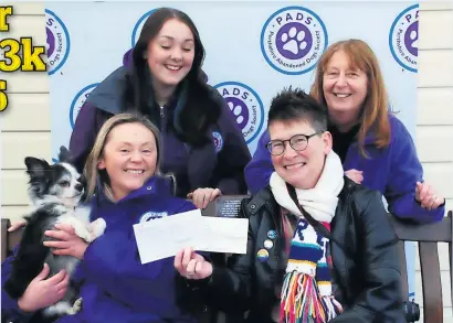  ?? ?? Kind gesture Joanna High, PADS assistant manager, Lucy Lovett, PADS helper, fundraiser Marysia Macfarlane, and Louise Perrett, PADS’s kennels manager. The little dog on the left is Eddie, a Chihuahua cross Boston Terrier, who is one of the charity’s permanent residents