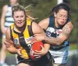  ?? Picture: AAP ?? CAUGHT: Hawthorn’s Tayah Kelly is tackled by Geelong’s Rocky Cranston.