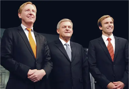  ??  ?? Les chefs du NPD, du Patri progressis­te-conservate­ur et du Parti libéral avaient participé au traditionn­el débat en français à RadioCanad­a en 2014. - Archives