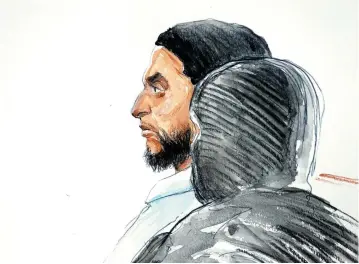  ?? (Reuters) ?? A DRAWING shows Salah Abdeslam, one of the suspects in the 2015 Islamic State attacks in Paris, during his trial in Brussels yesterday.