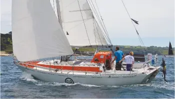  ??  ?? RIGHT: Ohpen Maverick was well fitted out for offshore, having previously taken part in the 2018 Golden Globe Race. For the Mailasail AZAB 2019, the autopilot was linked to the wind vane in bigger seas to give the tiller a bigger arc. The bottom of the Rustler 36 was also sanded