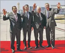  ?? Al Seib Los Angeles Times ?? MAYOR ERIC GARCETTI, second from left, with former mayors Antonio Villaraigo­sa, left, Richard Riordan and James Hahn in 2013.