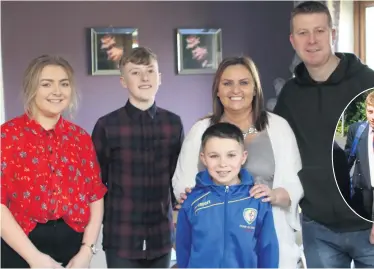  ??  ?? Family support: Pat Mcgibbon with wife Bernadette and daughter Alicia, sons Callum and Shay at home in Lurgan, inset, in his days with Manchester United