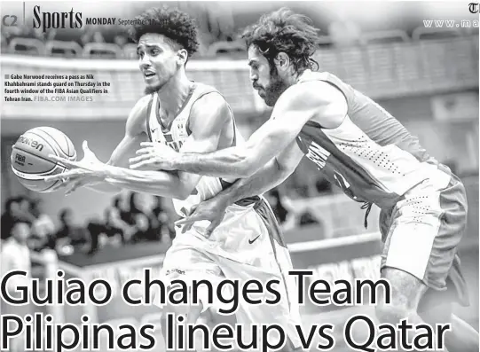  ??  ?? Gabe Norwood receives a pass as Nik Khahbahram­i stands guard on Thursday in the fourth window of the FIBA Asian Qualifiers in Tehran Iran. MONTREAL: