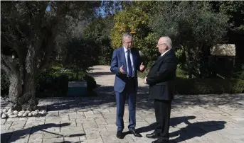  ?? (Amos Ben Gershom/GPO) ?? PRESIDENT REUVEN RIVLIN meets with Austrian President Alexander Van der Bellen yesterday on the grounds of the President’s Residence in Jerusalem.