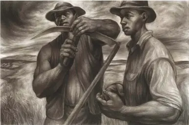  ??  ?? Charles White (1918-1979), Harvest Talk, 1953. Charcoal, Wolff’s carbon drawing pencil and graphite, with stumping and erasing on ivory wood pulp laminate board, 26 x 39 in. The Art Institute of Chicago. Restricted gift of Mr. and Mrs. Robert S. Hartman. © The Charles White Archives Inc.