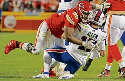  ?? PETER AIKEN/ASSOCIATED PRESS ?? Just ask the Bills’ Josh Allen about Chris Jones, who leads the Chiefs in quarterbac­k hits and tackles for loss.