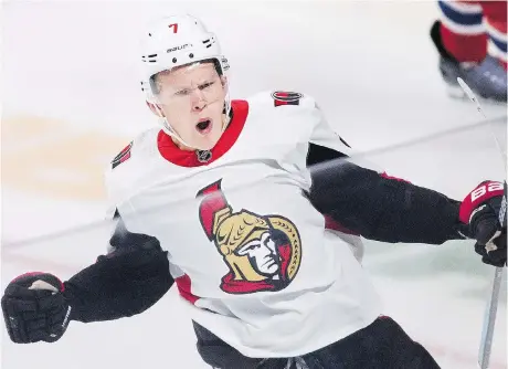  ?? GRAHAM HUGHES/THE CANADIAN PRESS ?? Senators forward Brady Tkachuk celebrates after scoring against the Canadiens during the first period of a pre-season game in Montreal on Saturday. The young player continues to impress, “adapting every day and piling on the details,” says coach Guy Boucher.